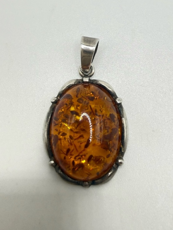 Jewelry - Vintage 925 Sterling Silver Amber Pendant Oval Baltic Style